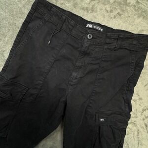 Zara Mens Cargo Pants Black Drawstring Pockets Relaxed Fit Casual Trousers